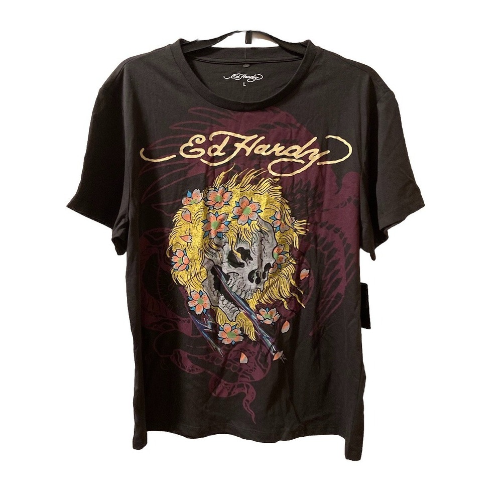 ED HARDY Men's T-Shirt Graphic Yellow Haired Skull Head Grayβ Sz Large NWT